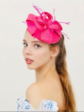 Hot Pink Floral Lace Puff Sleeve Dress with Decorative Fascinator